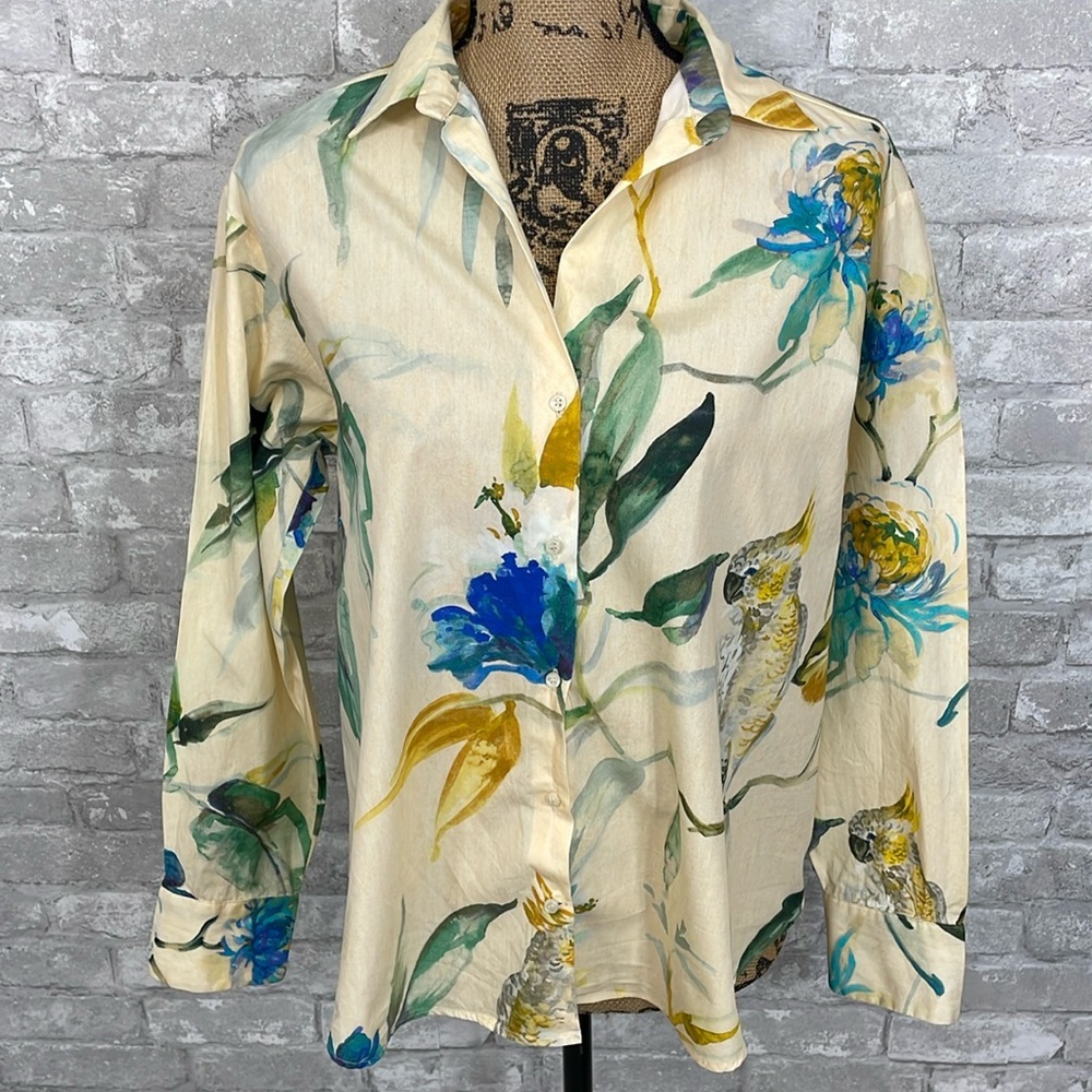 Zara Cream Button-Down Shirt with Blue & Green Floral Print